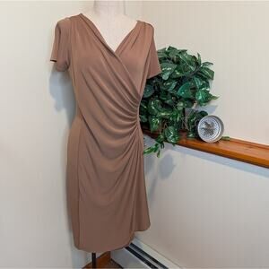 Talbots Ruched Faux Wrap Dress Brown Short Sleeve Size M